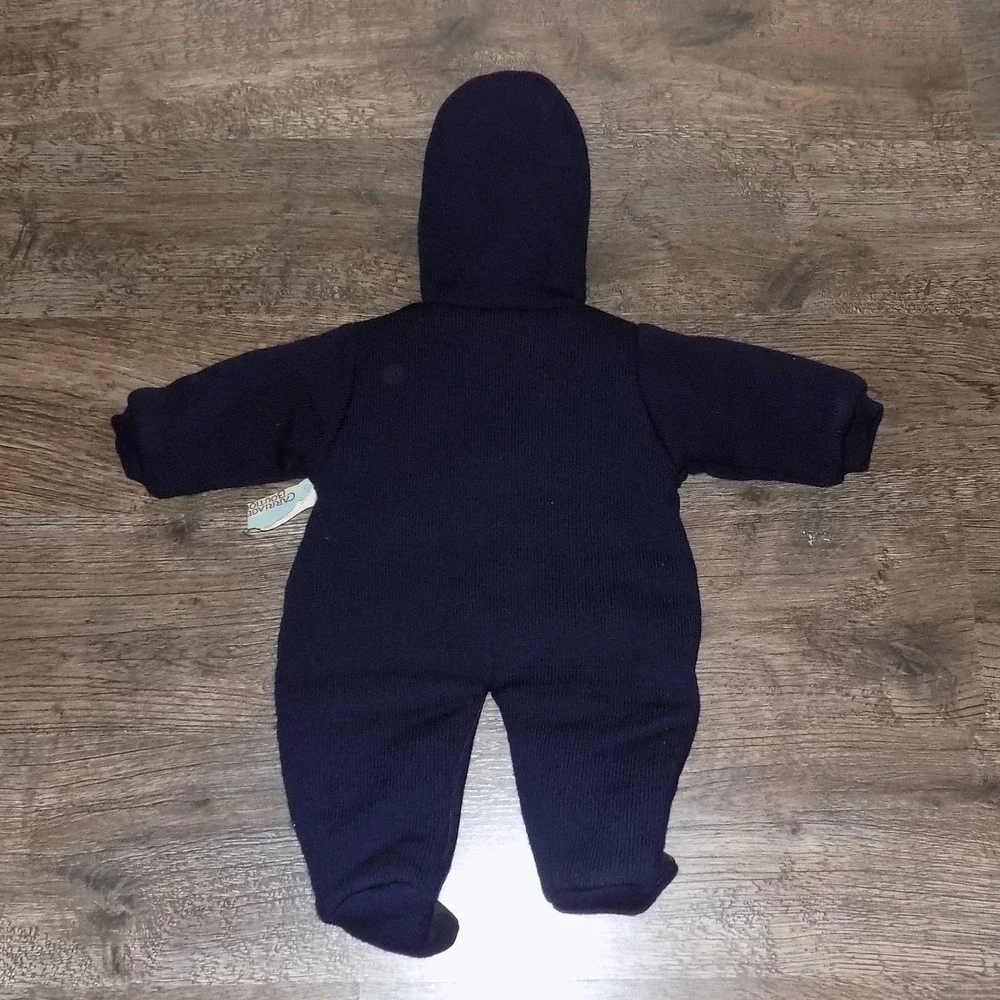 Carriage Boutiques Knit Pram Suit Kids 6M Navy New Teddy Bear Hooded Bunting